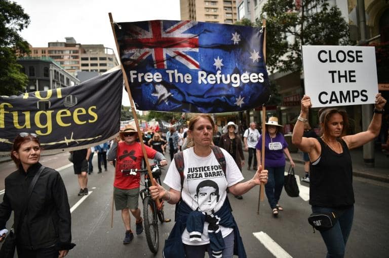 Manifestation contre les camps de réfugiés installés en Papouasie Nouvelle-Guinée, le 15 octobre 2017 à Sydney