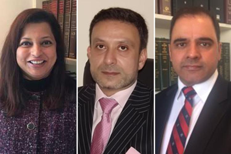 Kareena Maciel, left, Rasib Ghaffar, centre and Razi Shah have been charged over a scam involving £12.6m in bogus legal aid