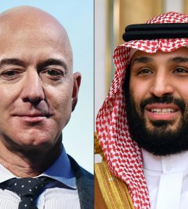 Jeff Bezos, propriétaire du Washington Post, à gauche, et Mohammed ben Salmane, prince héritier d’Arabie saoudite, à droite.&nbsp; MANDEL NGAN / AFP / POOL