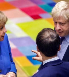 Les chefs d’État Angela Merkel, Boris Johnson et Emmanuel Macron. Bruxelles, 17 octobre 2019