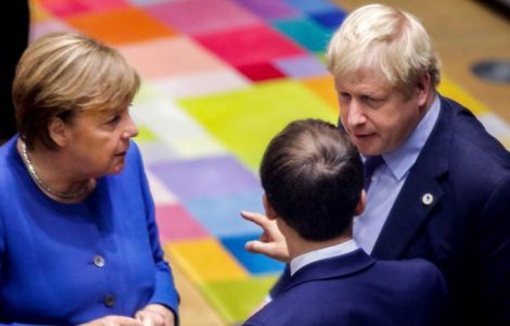 Les chefs d’État Angela Merkel, Boris Johnson et Emmanuel Macron. Bruxelles, 17 octobre 2019