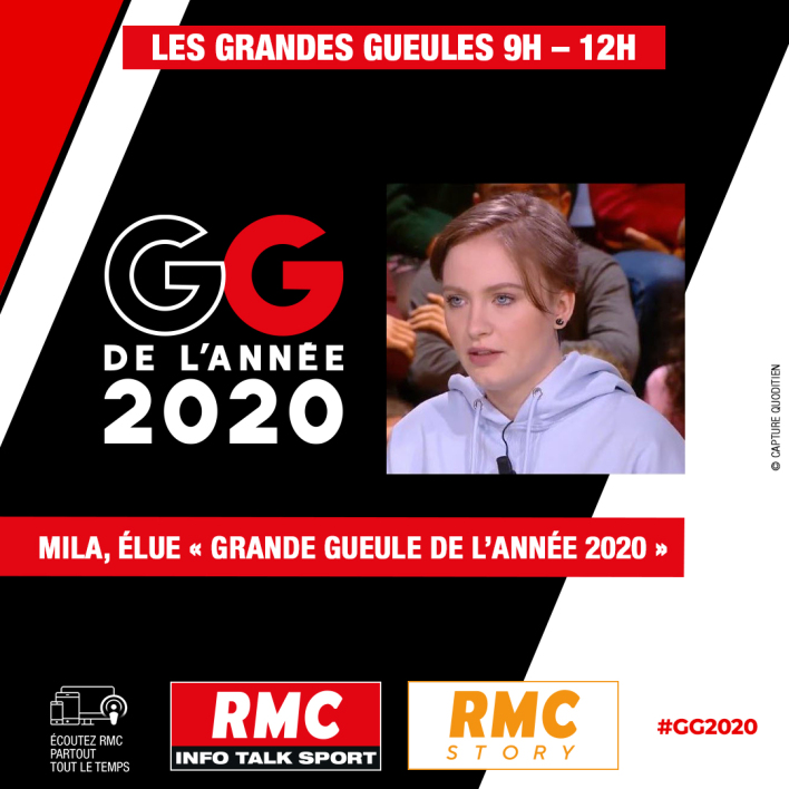 EVENEMENT RMC - Mila désignée "Grande Gueule" de l'année 2020 par les auditeurs de RMC