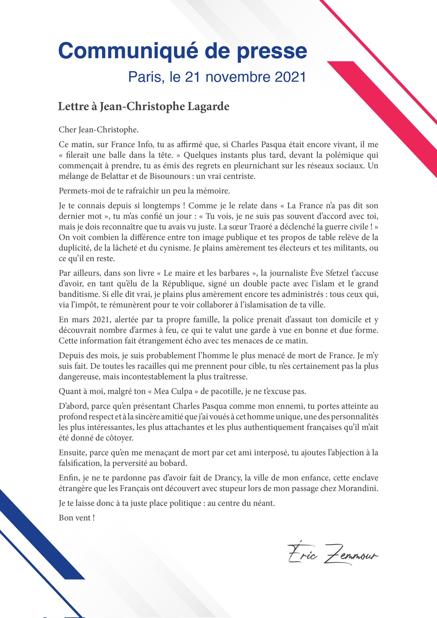 Communiqué de presse d'Eric ZEMMOUR - Paris, le 21 novembre 2021 - Lettre à Jean-Christophe Lagarde