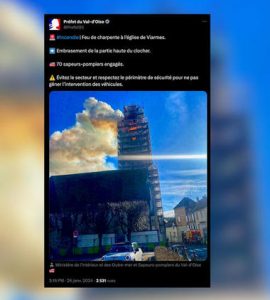 Val-d'Oise : l'église de Viarmes touchée par un important incendie, 70 pompiers mobilisés