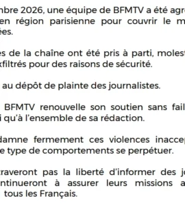 Communiqué de BFMTV après l'agression de deux journalistes lors de blocages de lycées en région parisienne