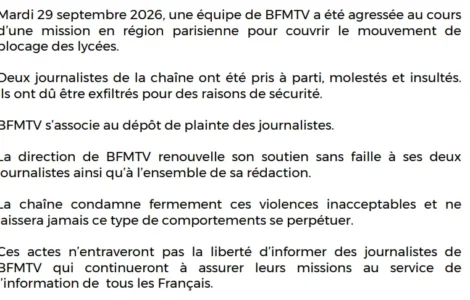 Communiqué de BFMTV après l'agression de deux journalistes lors de blocages de lycées en région parisienne