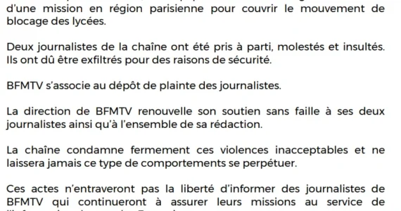 Communiqué de BFMTV après l'agression de deux journalistes lors de blocages de lycées en région parisienne