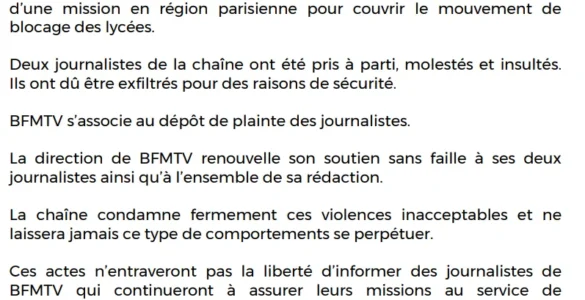 Communiqué de BFMTV après l'agression de deux journalistes lors de blocages de lycées en région parisienne