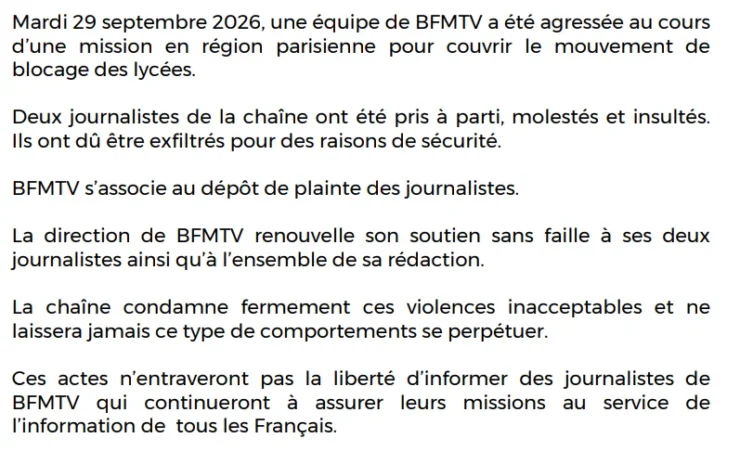 Communiqué de BFMTV après l'agression de deux journalistes lors de blocages de lycées en région parisienne