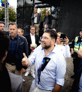 Jimmie Åkesson, dirigeant des Démocrates de Suède, lors d’un meeting de campagne à Göteborg le 12 août 2026