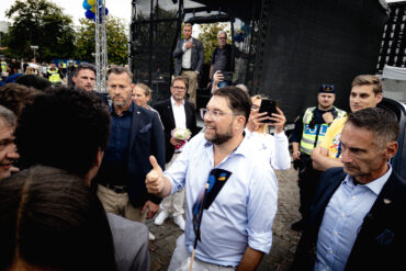 Jimmie Åkesson, dirigeant des Démocrates de Suède, lors d’un meeting de campagne à Göteborg le 12 août 2026