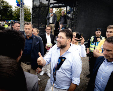 Jimmie Åkesson, dirigeant des Démocrates de Suède, lors d’un meeting de campagne à Göteborg le 12 août 2026