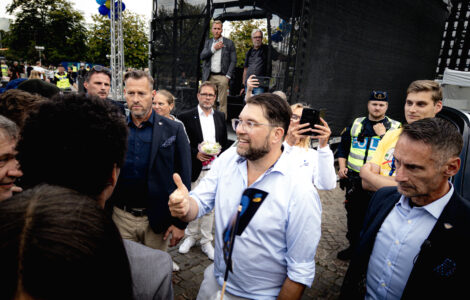 Jimmie Åkesson, dirigeant des Démocrates de Suède, lors d’un meeting de campagne à Göteborg le 12 août 2026