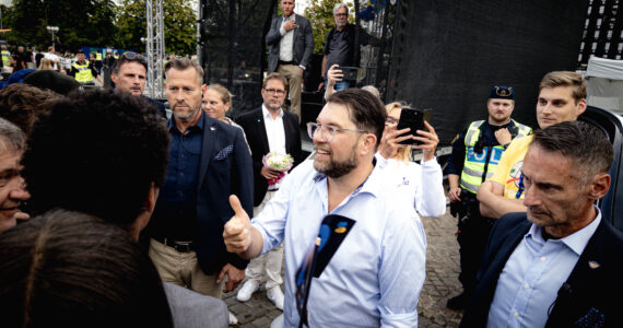 Jimmie Åkesson, dirigeant des Démocrates de Suède, lors d’un meeting de campagne à Göteborg le 12 août 2026