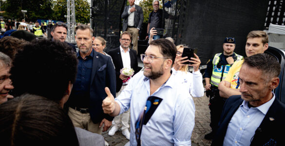 Jimmie Åkesson, dirigeant des Démocrates de Suède, lors d’un meeting de campagne à Göteborg le 12 août 2026