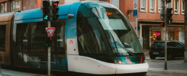 modern tram in strasbourg street scene
