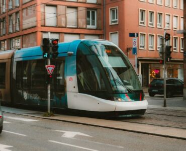 modern tram in strasbourg street scene