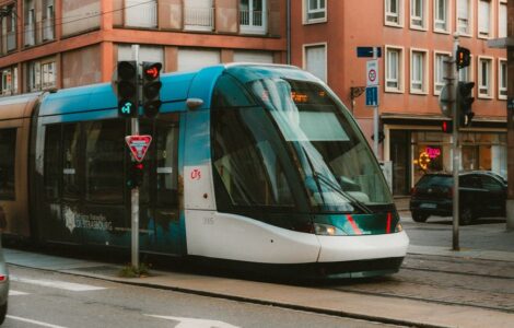 modern tram in strasbourg street scene