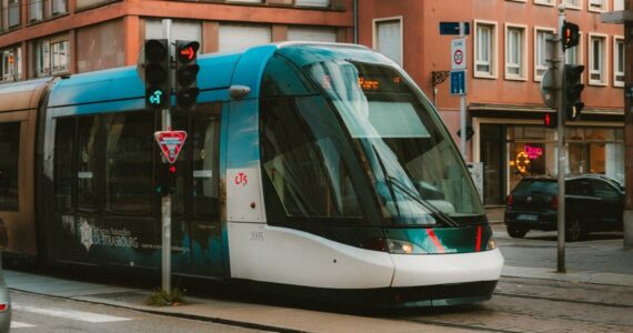 modern tram in strasbourg street scene