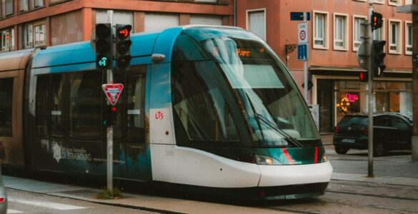 modern tram in strasbourg street scene