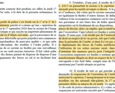Extrait de l’ordonnance du tribunal administratif de Paris du 17 septembre 2026 sur l’usage de drones près de la tour Eiffel
