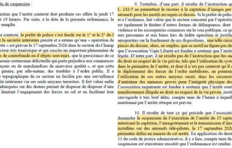 Extrait de l’ordonnance du tribunal administratif de Paris du 17 septembre 2026 sur l’usage de drones près de la tour Eiffel