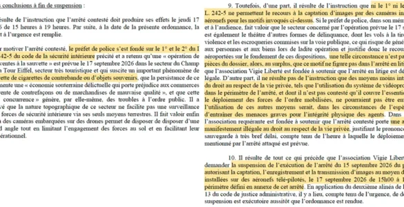 Extrait de l’ordonnance du tribunal administratif de Paris du 17 septembre 2026 sur l’usage de drones près de la tour Eiffel