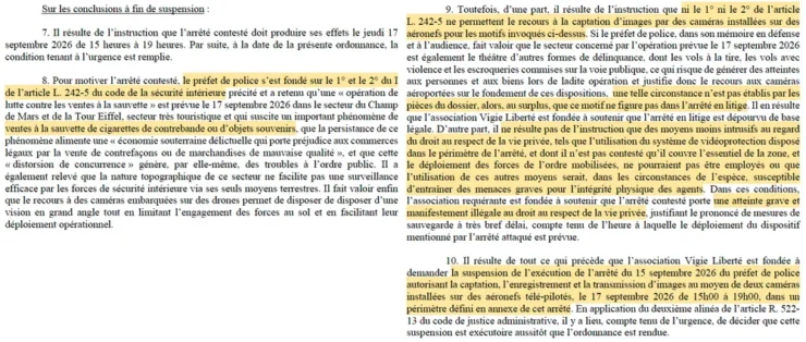 Extrait de l’ordonnance du tribunal administratif de Paris du 17 septembre 2026 sur l’usage de drones près de la tour Eiffel