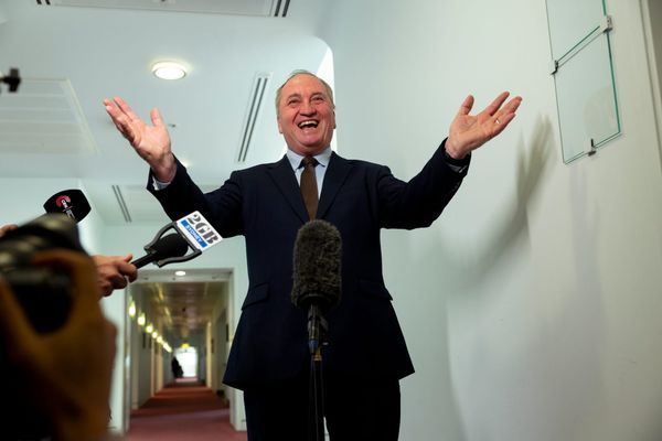 Barnaby Joyce s'exprime, les bras ouverts, devant des microphones en juillet 2025. Photographie d'archives, ne montre pas l'interview 2GB du 20 octobre 2026.