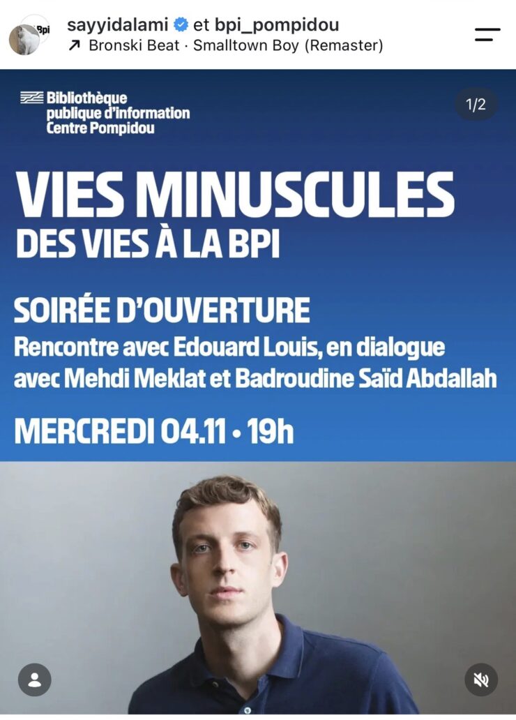 Affiche de la Bpi annonçant une rencontre avec Édouard Louis, Mehdi Meklat et Badroudine Saïd Abdallah le mercredi 4 novembre à 19 heures.