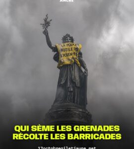 Affiche montrant la statue de la République avec un gilet jaune, le slogan du communiqué et les noms de ses quatre signataires