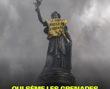 Affiche montrant la statue de la République avec un gilet jaune, le slogan du communiqué et les noms de ses quatre signataires