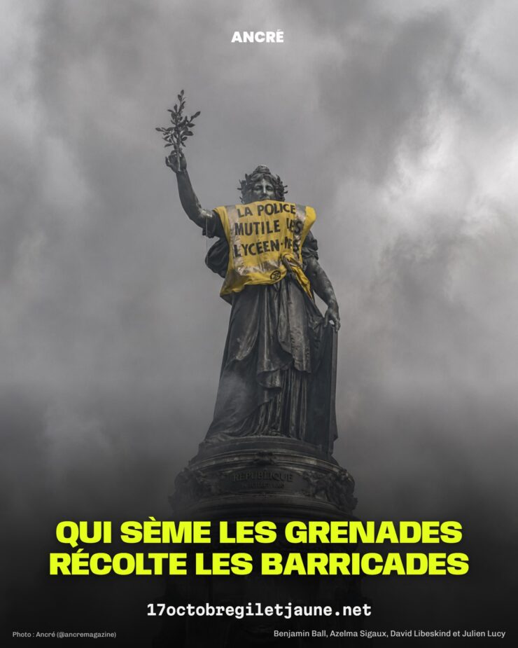 Affiche montrant la statue de la République avec un gilet jaune, le slogan du communiqué et les noms de ses quatre signataires