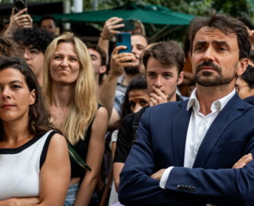 Anaïs Belouassa-Cherifi et Grégory Doucet lors d’une soirée électorale à Lyon, le 30 juin 2024