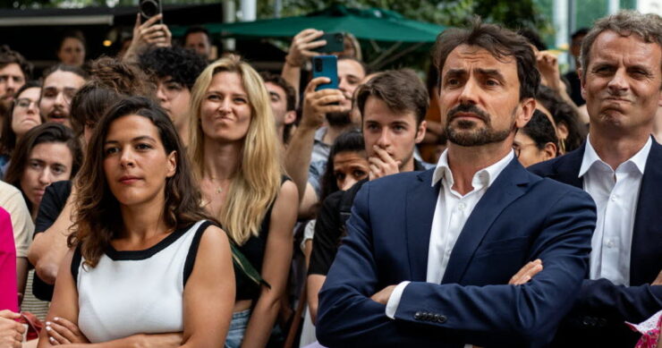 Anaïs Belouassa-Cherifi et Grégory Doucet lors d’une soirée électorale à Lyon, le 30 juin 2024