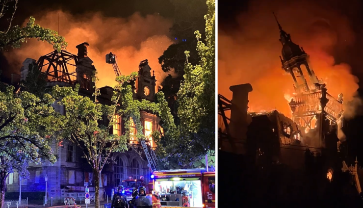 Deux vues de l’incendie de l’hôtel de ville de Limoges lors des violences du 17 octobre 2026.