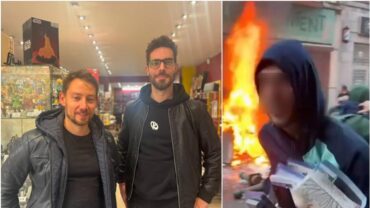 Montage publié par Sudinfo montrant les cogérants de Smartoys à Liège et une scène du pillage