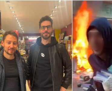 Montage publié par Sudinfo montrant les cogérants de Smartoys à Liège et une scène du pillage