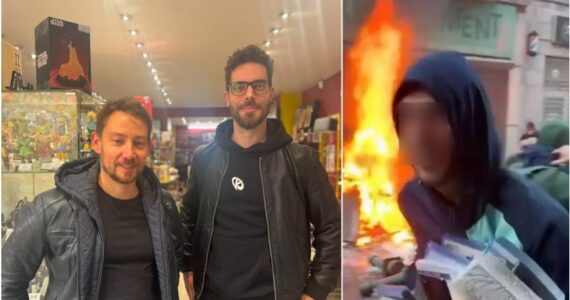 Montage publié par Sudinfo montrant les cogérants de Smartoys à Liège et une scène du pillage