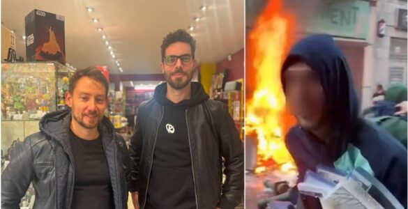 Montage publié par Sudinfo montrant les cogérants de Smartoys à Liège et une scène du pillage