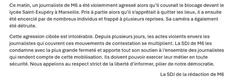 Communiqué de la SDJ de M6 après l'agression d'un journaliste à Marseille