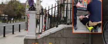 Riad Bouchaker lors de son interpellation, en médaillon sur une vue de Parnell Square à Dublin