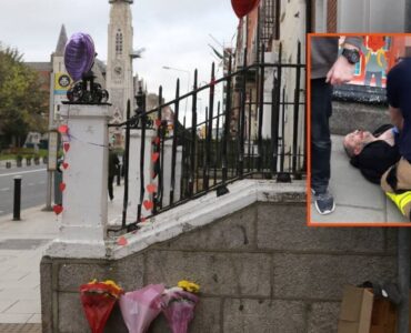 Riad Bouchaker lors de son interpellation, en médaillon sur une vue de Parnell Square à Dublin