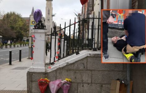 Riad Bouchaker lors de son interpellation, en médaillon sur une vue de Parnell Square à Dublin