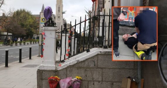 Riad Bouchaker lors de son interpellation, en médaillon sur une vue de Parnell Square à Dublin