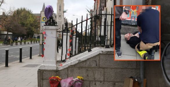 Riad Bouchaker lors de son interpellation, en médaillon sur une vue de Parnell Square à Dublin