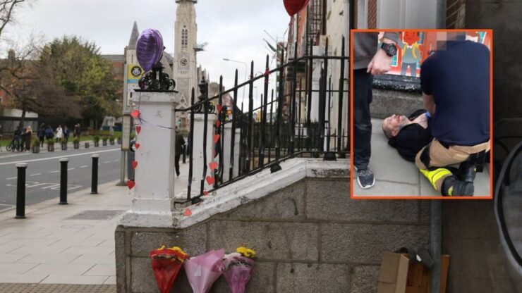 Riad Bouchaker lors de son interpellation, en médaillon sur une vue de Parnell Square à Dublin