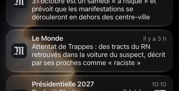 Notification initiale du Monde évoquant des tracts RN dans la voiture du suspect de Trappes